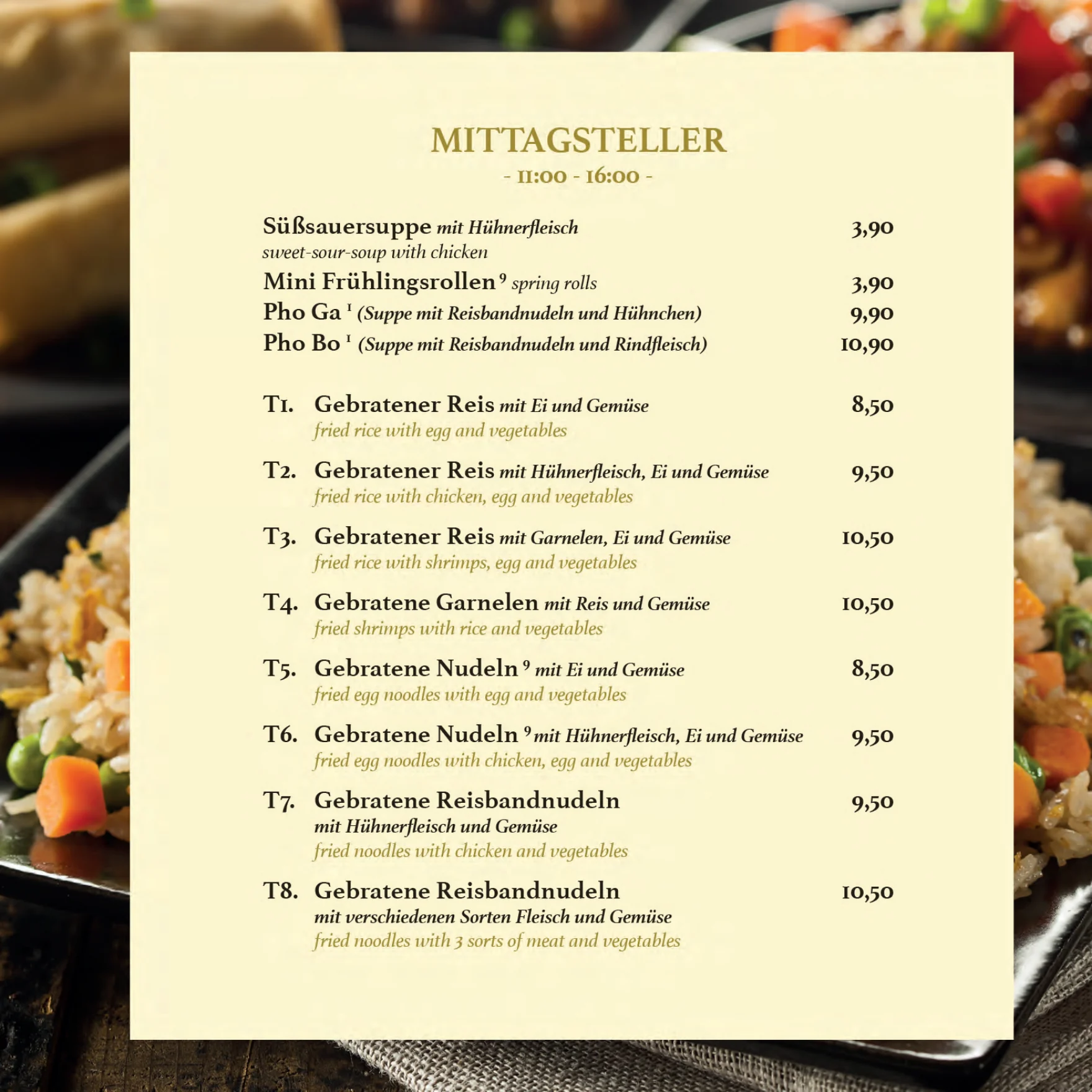 Mittagskarte Rambutan, Teil 1: Suppen, Frühlingsrollen, Pho und gebratene Reis- und Nudelgerichte mit Preisen